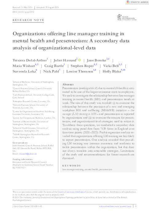 Organizations offering line manager training in mental health and presenteeism: A secondary data analysis of organizational-level data Thumbnail