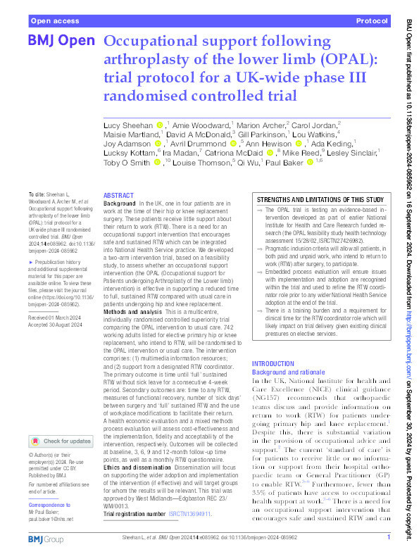 Occupational support following arthroplasty of the lower limb (OPAL): trial protocol for a UK-wide phase III randomised controlled trial Thumbnail