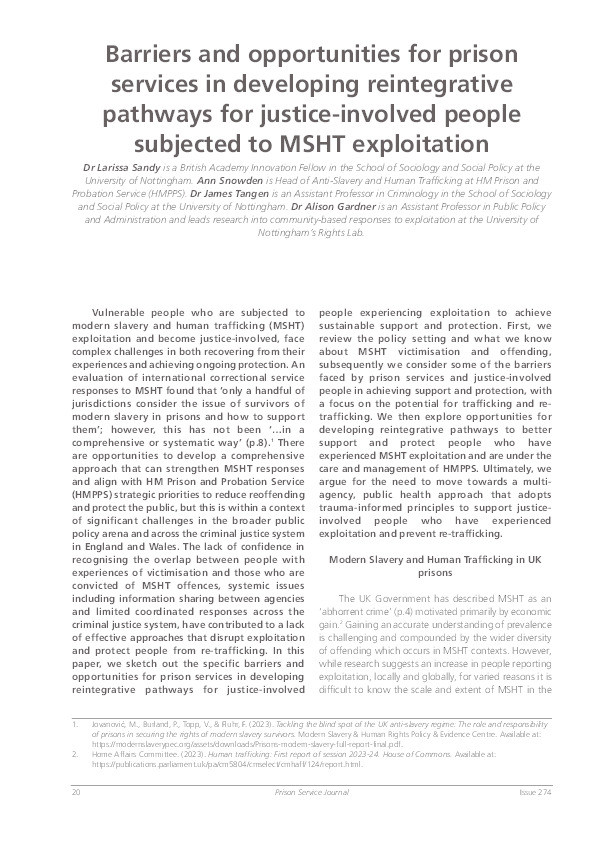 Barriers and opportunities for prison services in developing reintegrative pathways for justice-involved people subjected to MSHT exploitation Thumbnail