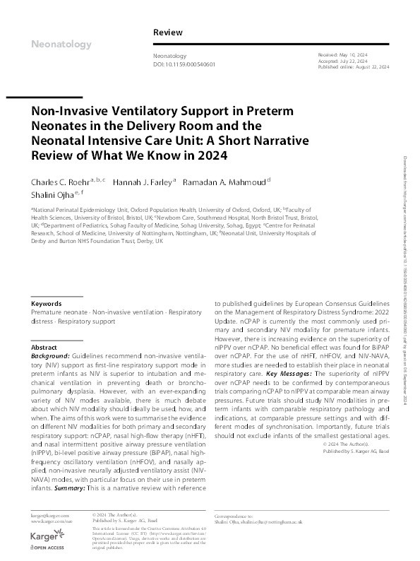Non-Invasive Ventilatory Support in Preterm Neonates in the Delivery Room and the Neonatal Intensive Care Unit: A Short Narrative Review of What We Know in 2024 Thumbnail