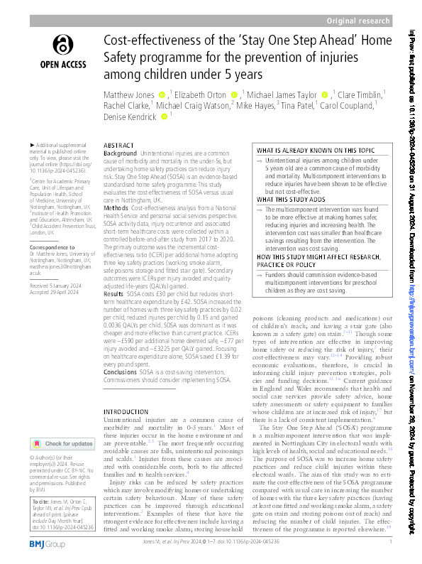 Cost-effectiveness of the ‘Stay One Step Ahead’ Home Safety programme for the prevention of injuries among children under 5 years Thumbnail