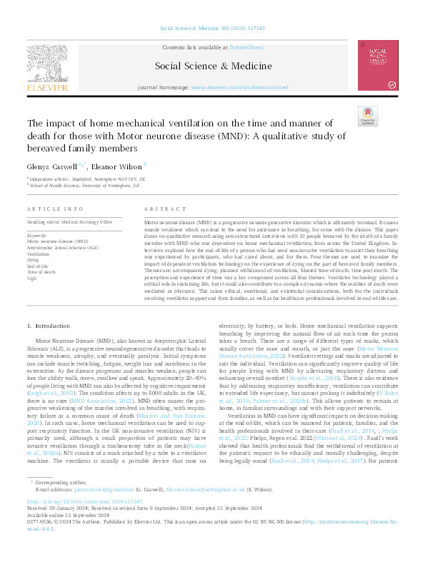  The impact of home mechanical ventilation on the time and manner of death for those with Motor Neurone Disease (MND): a qualitative study of bereaved family members Thumbnail