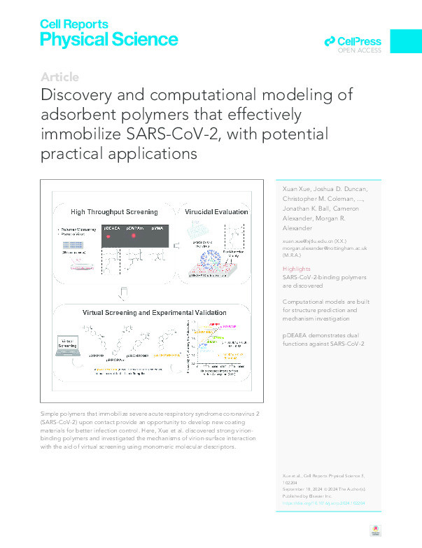 Discovery and Computational Modelling of Adsorbent Polymers that Effectively Immobilize SARS-CoV-2 with Potential Practical Applications Thumbnail