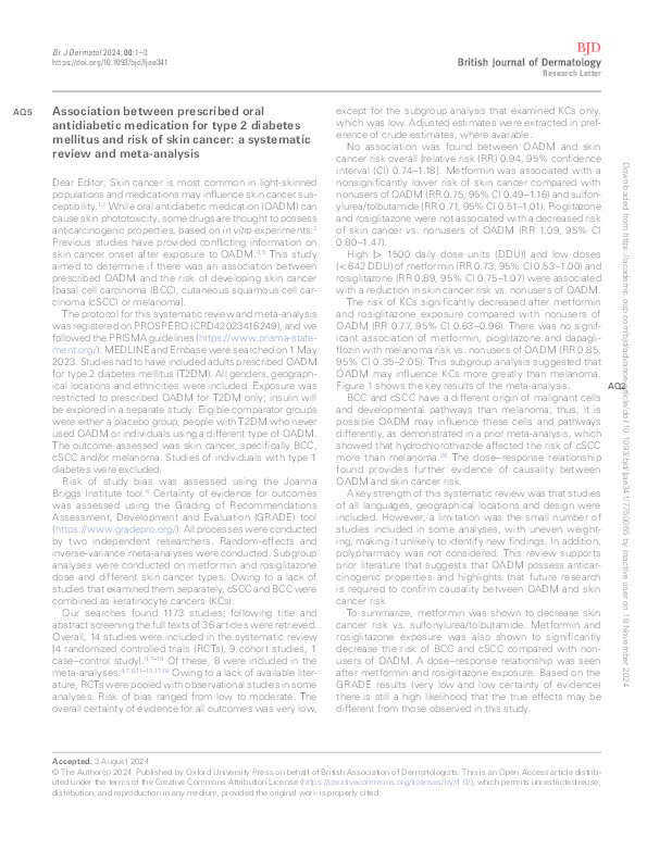 Association between prescribed oral antidiabetic medication for type 2 diabetes mellitus and risk of skin cancer: a systematic review and meta-analysis Thumbnail