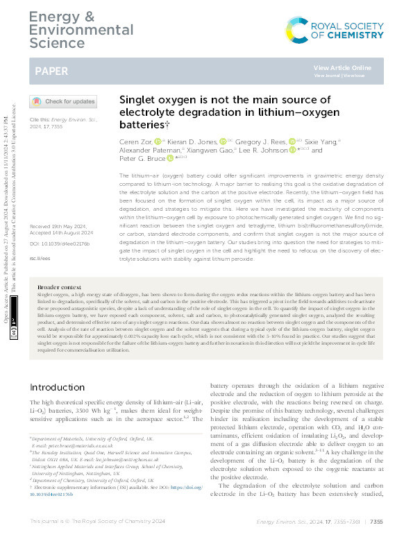 Singlet oxygen is not the main source of electrolyte degradation in lithium–oxygen batteries Thumbnail