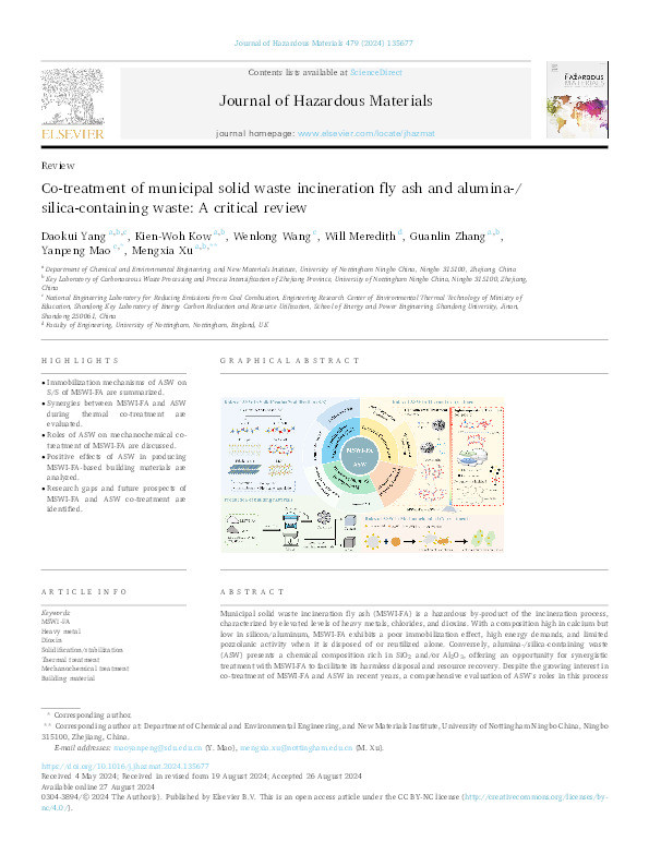 Co-treatment of municipal solid waste incineration fly ash and alumina-/silica-containing waste: A critical review Thumbnail