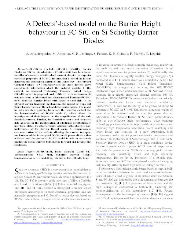 A Defects-Based Model on the Barrier Height Behavior in 3C-SiC-on-Si Schottky Barrier Diodes Thumbnail