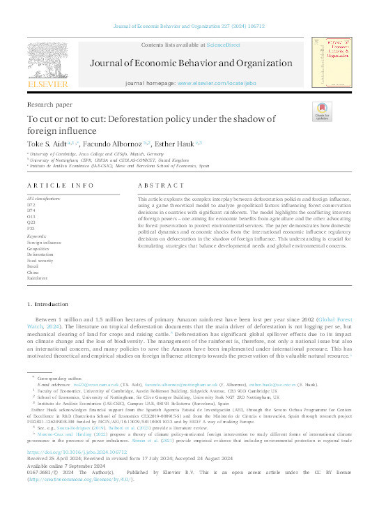 To cut or not to cut: Deforestation policy under the shadow of foreign influence Thumbnail