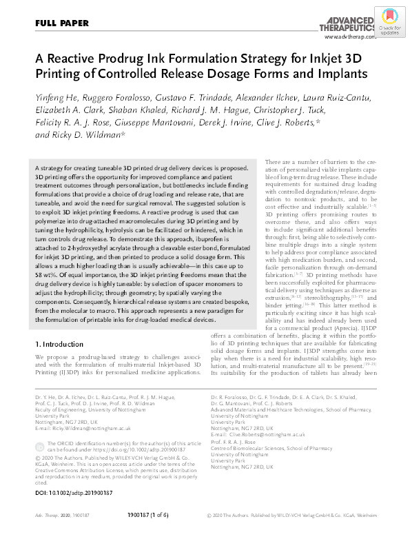 A Reactive Prodrug Ink Formulation Strategy for Inkjet 3D Printing of Controlled Release Dosage Forms and Implants Thumbnail