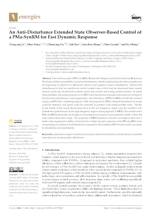 An Anti-Disturbance Extended State Observer-Based Control of a PMa-SynRM for Fast Dynamic Response Thumbnail