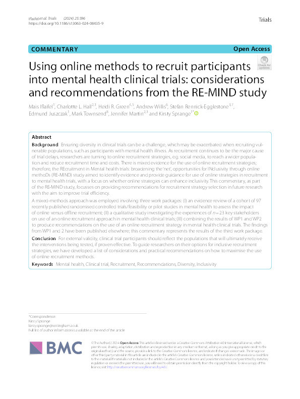 Using online methods to recruit participants into mental health clinical trials: considerations and recommendations from the RE-MIND study Thumbnail