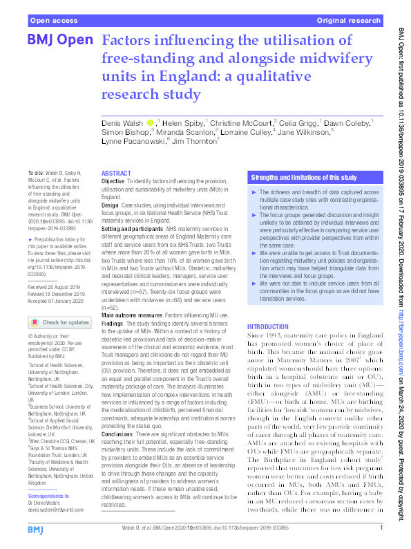 Factors influencing the utilisation of free-standing and alongside midwifery units in England: a qualitative research study Thumbnail