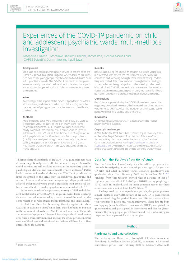 Experiences of the COVID-19 pandemic on child and adolescent psychiatric wards: multi-methods investigation Thumbnail