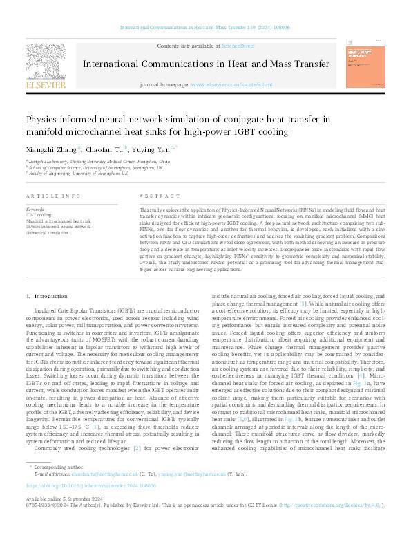 Physics-informed neural network simulation of conjugate heat transfer in manifold microchannel heat sinks for high-power IGBT cooling Thumbnail