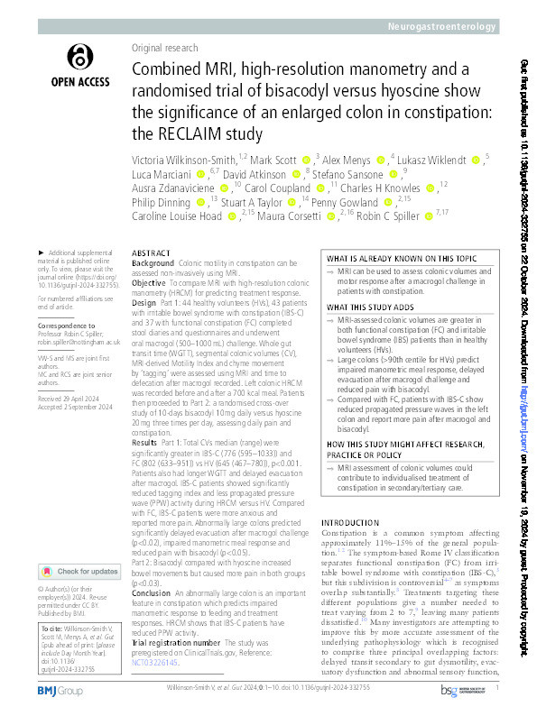 Combined magnetic resonance imaging, high resolution manometry and a randomised trial of bisacodyl versus hyoscine shows the significance of an enlarged colon in constipation: the RECLAIM study Thumbnail