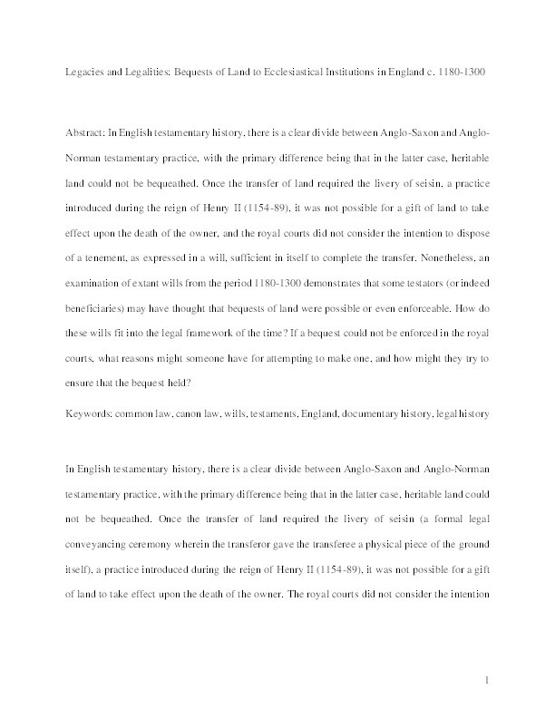 Legacies and Legalities: Bequests of Land to Ecclesiastical Institutions in England c. 1180-1300 Thumbnail