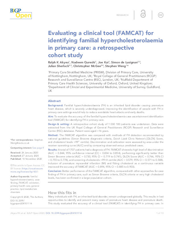 Evaluating a clinical tool (FAMCAT) for identifying familial hypercholesterolaemia in primary care: a retrospective cohort study Thumbnail