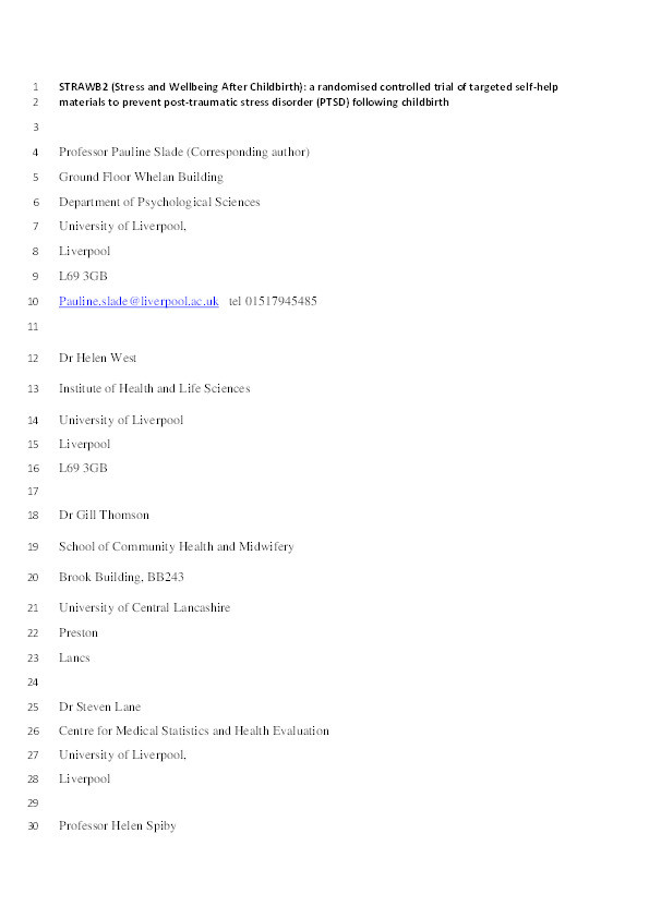 STRAWB2 (Stress and Wellbeing After Childbirth): a randomised controlled trial of targeted self‐help materials to prevent post‐traumatic stress disorder following childbirth Thumbnail