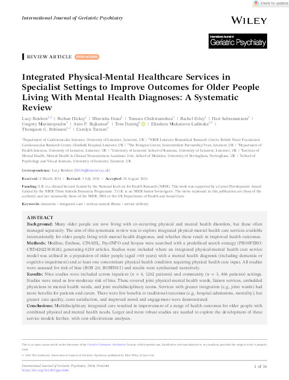 Integrated Physical‐Mental Healthcare Services in Specialist Settings to Improve Outcomes for Older People Living With Mental Health Diagnoses: A Systematic Review Thumbnail