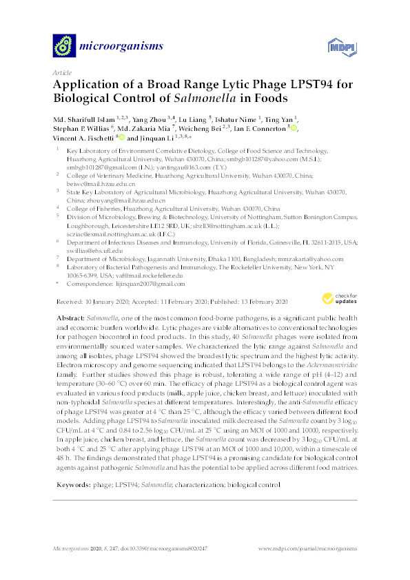 Application of a broad range lytic phage LPST94 for biological control of salmonella in foods Thumbnail