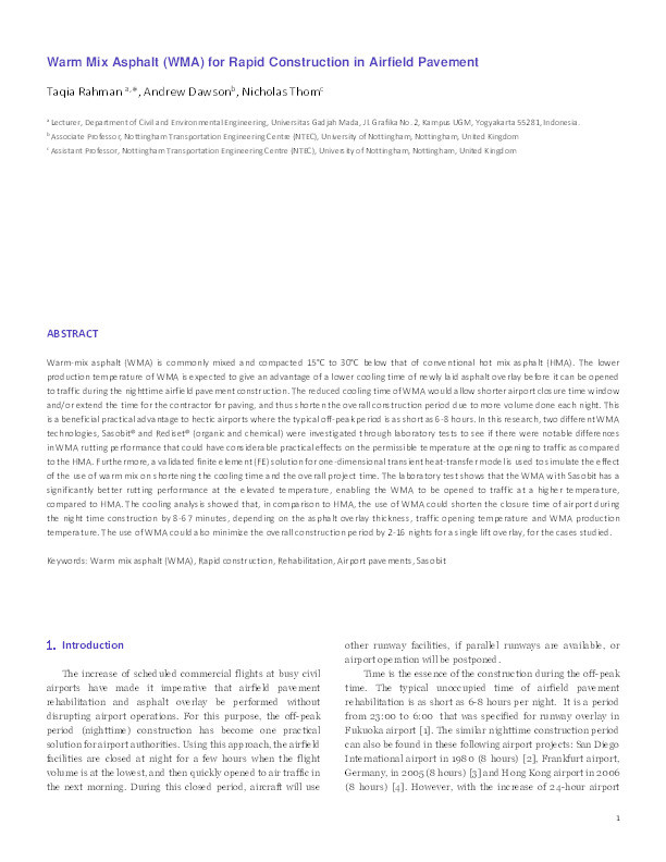 Warm mix asphalt (WMA) for rapid construction in airfield pavement Thumbnail