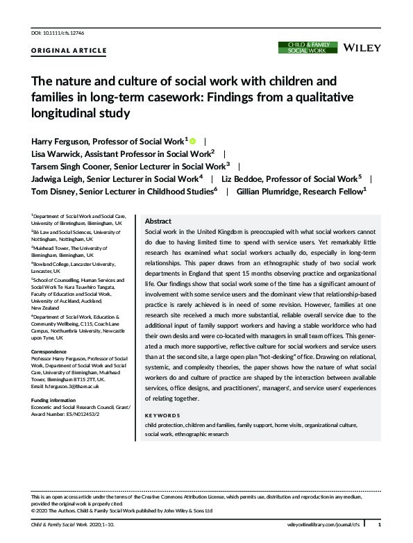 The nature and culture of social work with children and families in long?term casework: Findings from a qualitative longitudinal study Thumbnail