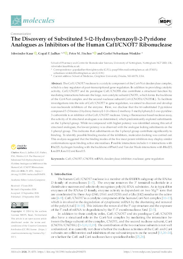 Discovery of Substituted 5-(2-Hydroxybenzoyl)-2-Pyridone Analogues as Inhibitors of the Human Caf1/CNOT7 Ribonuclease Thumbnail