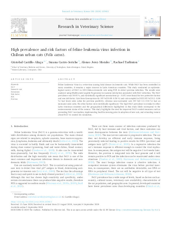 High prevalence and risk factors of feline leukemia virus infection in Chilean urban cats (Felis catus). Thumbnail