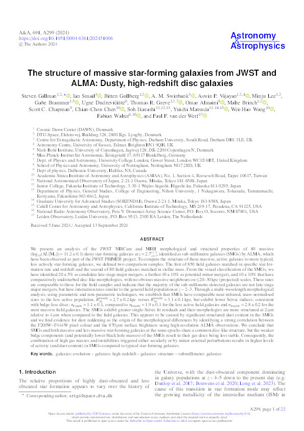 The structure of massive star-forming galaxies from JWST and ALMA: Dusty, high-redshift disc galaxies Thumbnail