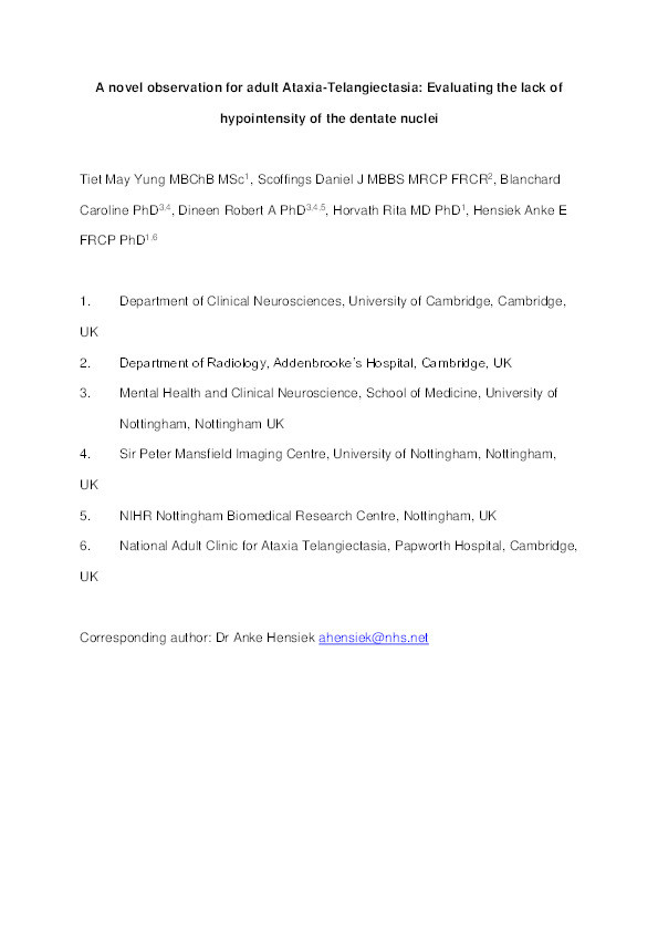 Novel observation for adult ataxia-telangiectasia: evaluating the lack of hypointensity of the dentate nuclei Thumbnail