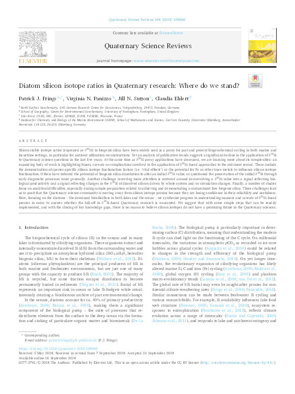 Diatom silicon isotope ratios in Quaternary research: Where do we stand? Thumbnail