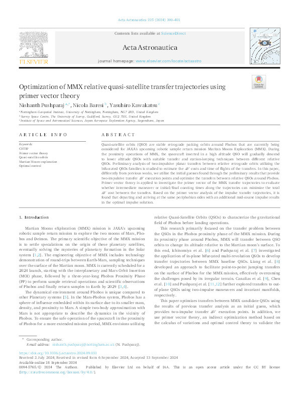 Optimization of MMX relative quasi-satellite transfer trajectories using primer vector theory Thumbnail