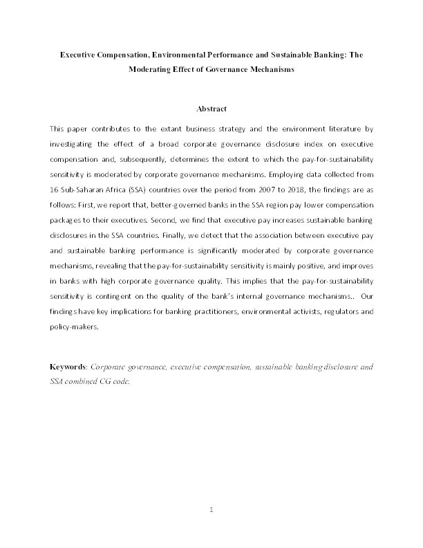 Executive compensation, environmental performance, and sustainable banking: The moderating effect of governance mechanisms Thumbnail