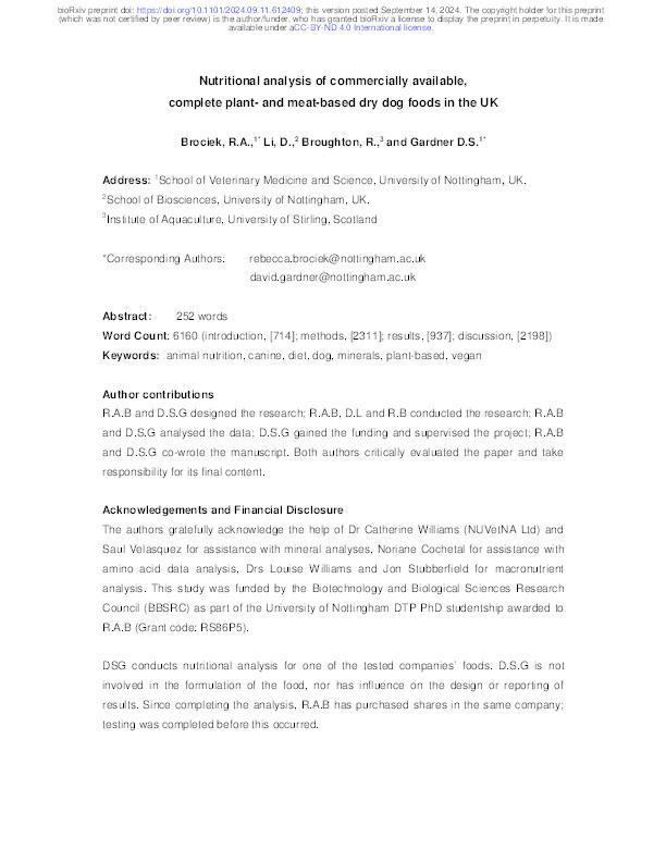 Nutritional analysis of commercially available, complete plant- and meat-based dry dog foods in the UK Thumbnail