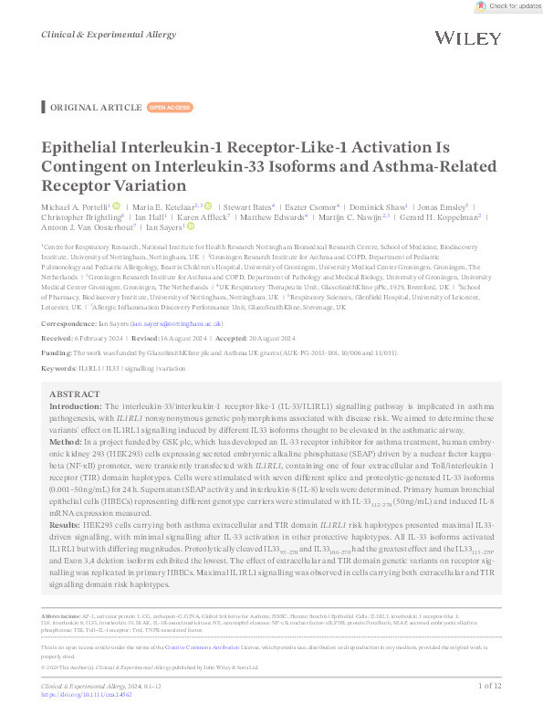 Epithelial Interleukin‐1 Receptor‐Like‐1 Activation Is Contingent on Interleukin‐33 Isoforms and Asthma‐Related Receptor Variation Thumbnail