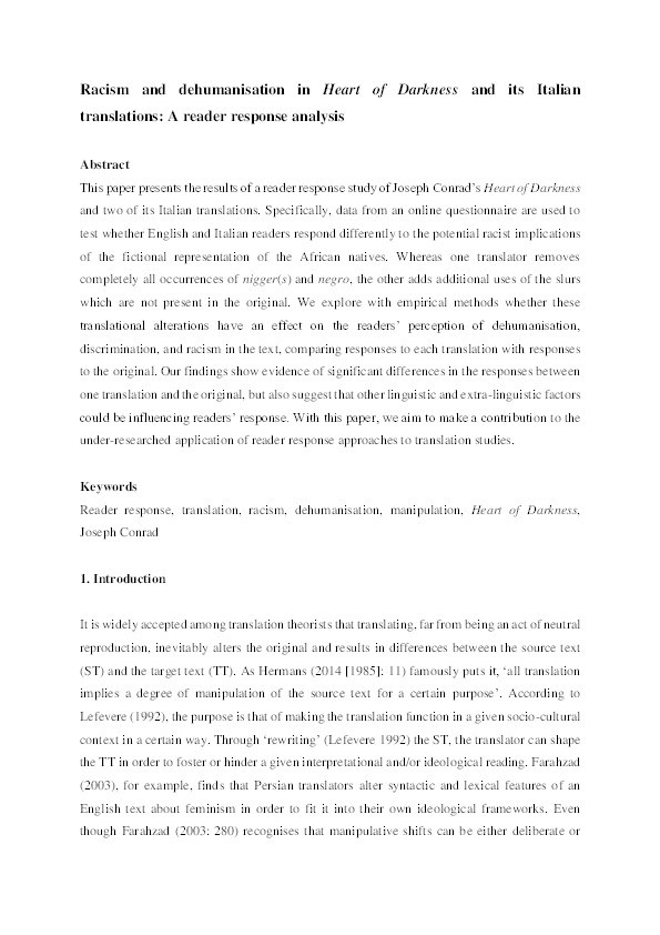 Racism and dehumanisation in Heart of Darkness and its Italian translations: A reader response analysis Thumbnail