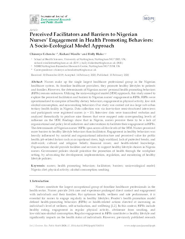 Perceived Facilitators and Barriers to Nigerian Nurses’ Engagement in Health Promoting Behaviors: A Socio-Ecological Model Approach Thumbnail