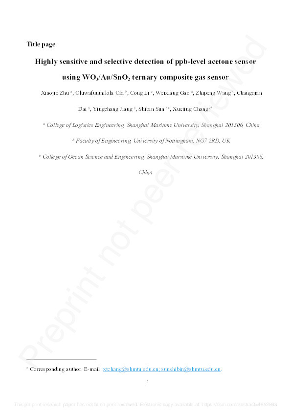 Highly Sensitive and Selective Detection of Ppb-Level Acetone Sensor Using Wo3/Au/Sno2 Ternary Composite Gas Sensor Thumbnail