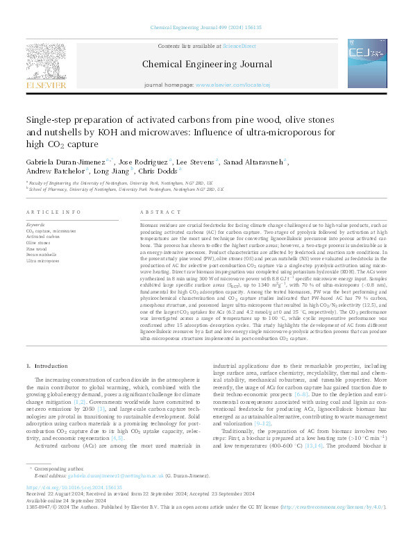 Single-step preparation of activated carbons from pine wood, olive stones and nutshells by KOH and microwaves: Influence of ultra-microporous for high CO2 capture Thumbnail