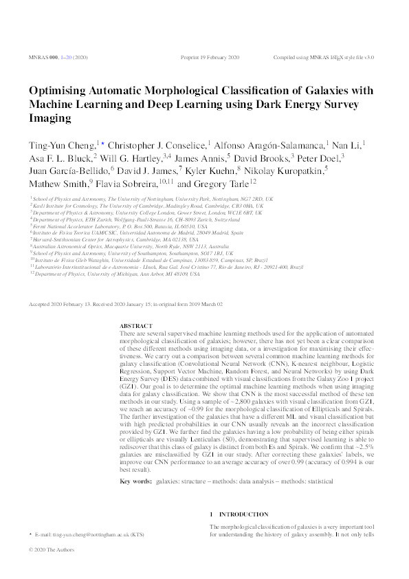 Optimizing automatic morphological classification of galaxies with machine learning and deep learning using Dark Energy Survey imaging Thumbnail