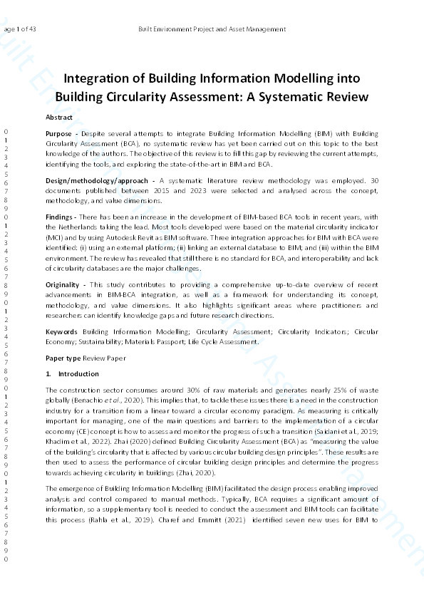 Integration of building information modeling into building circularity assessment: a systematic review Thumbnail