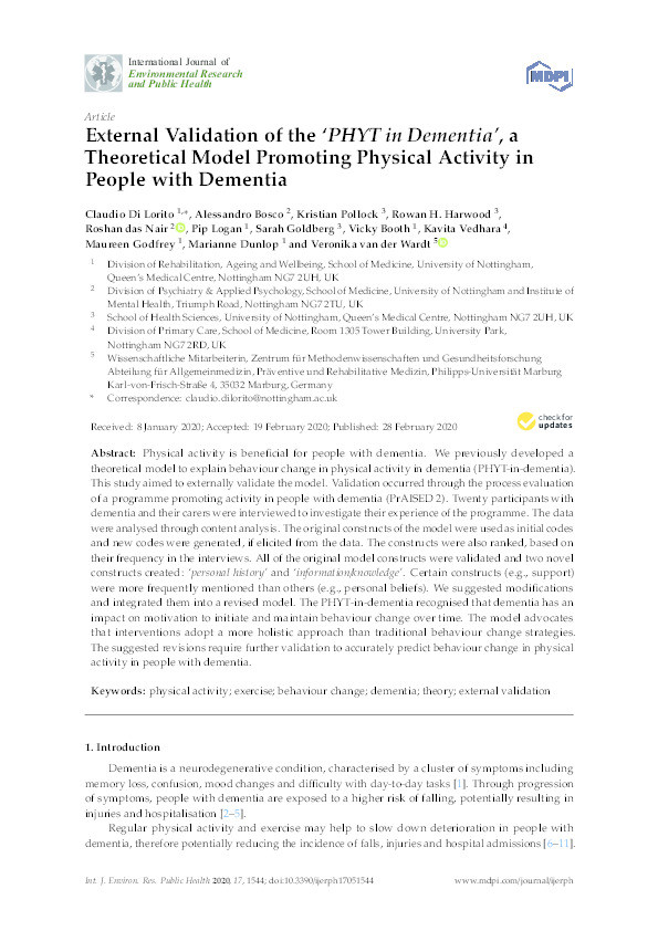 External Validation of the ‘PHYT in Dementia’, a Theoretical Model Promoting Physical Activity in People with Dementia Thumbnail