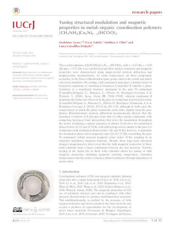 Tuning structural modulation and magnetic properties in metal–organic coordination polymers [CH3NH3]CoxNi1−x(HCOO)3 Thumbnail