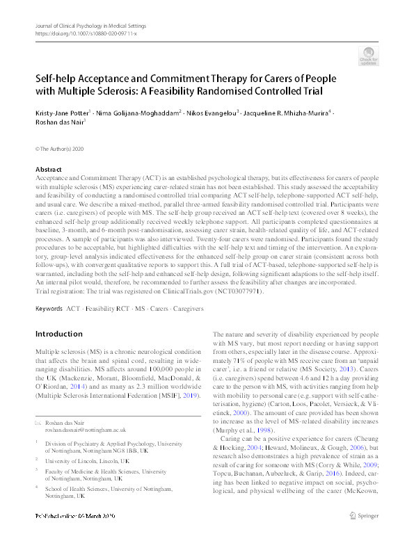 Self-help Acceptance and Commitment Therapy for Carers of People with Multiple Sclerosis: A Feasibility Randomised Controlled Trial Thumbnail