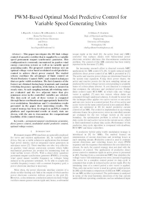 PWM-Based Optimal Model Predictive Control for Variable Speed Generating Units Thumbnail