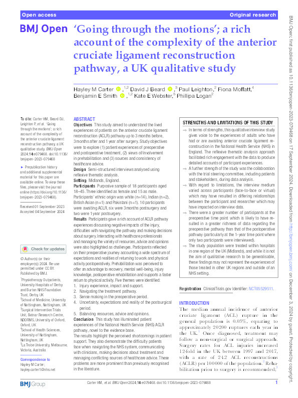 ‘Going through the motions’; a rich account of the complexity of the anterior cruciate ligament reconstruction pathway, a UK qualitative study Thumbnail