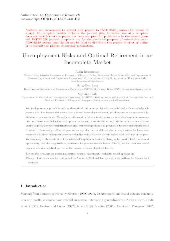 Unemployment Risks and Optimal Retirement in an Incomplete Market Thumbnail