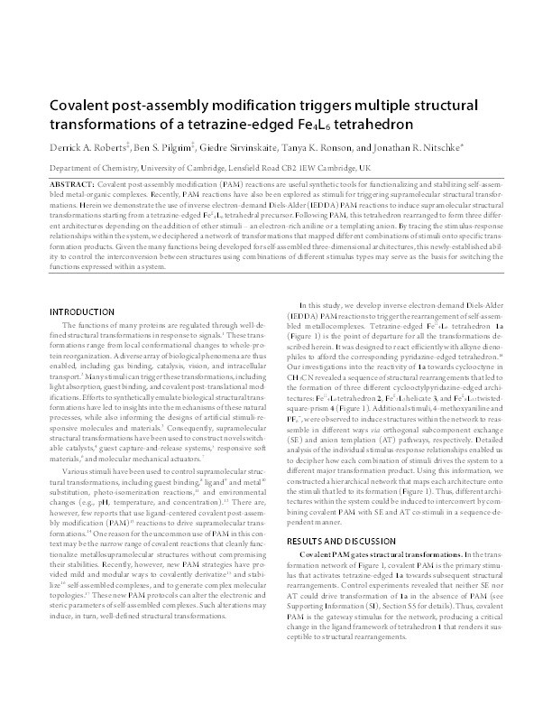 Covalent Post-assembly Modification Triggers Multiple Structural Transformations of a Tetrazine-Edged Fe4L6 Tetrahedron Thumbnail