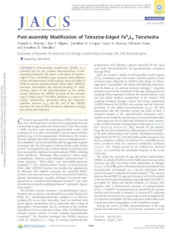 Post-assembly Modification of Tetrazine-Edged FeII4L6 Tetrahedra Thumbnail