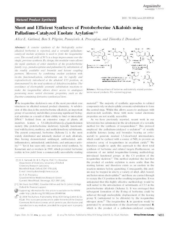 Short and Efficient Syntheses of Protoberberine Alkaloids using Palladium-Catalyzed Enolate Arylation Thumbnail